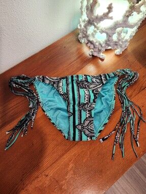 NEW! Sofia By Vix SZ XS Striped Teal & Black Fringe Side Tied Bikini Bottom